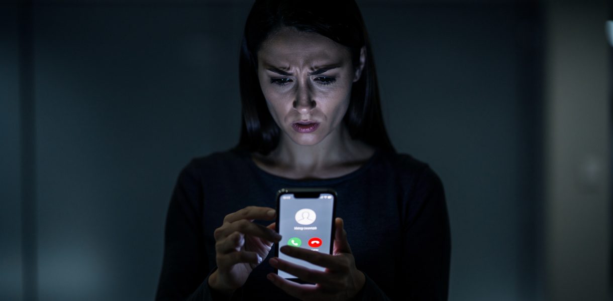 Une femme observe avec prudence un smartphone affichant une interface générique d’appel entrant, dans une ambiance sobre de cybersécurité.