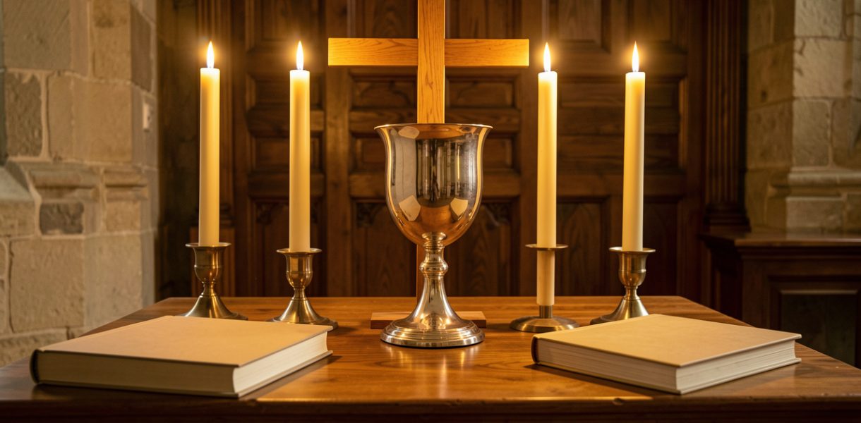 Autel d’église lumineux présentant un calice, des cierges allumés, une croix en bois et des livres liturgiques fermés dans une ambiance solennelle.