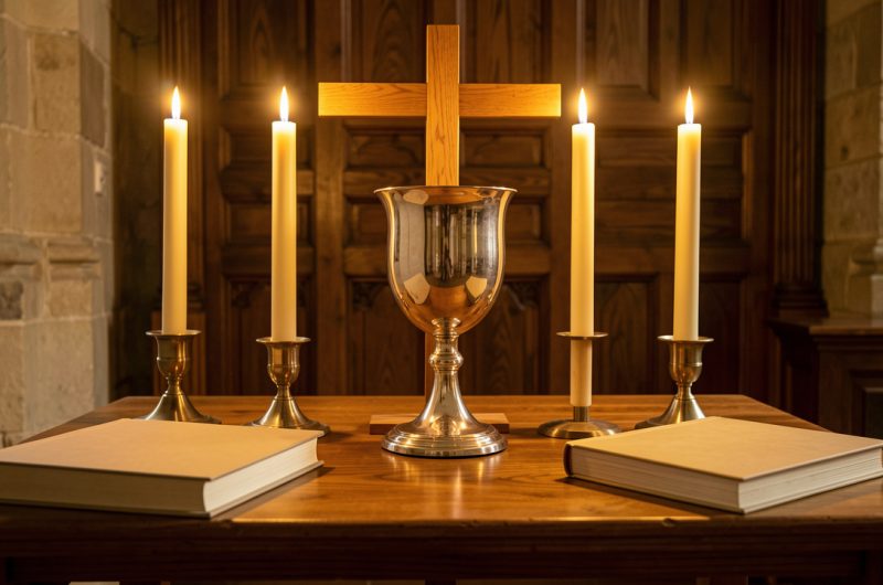 Autel d’église lumineux présentant un calice, des cierges allumés, une croix en bois et des livres liturgiques fermés dans une ambiance solennelle.