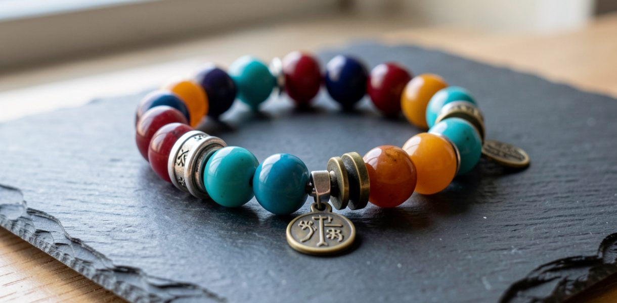 Bracelet tibétain composé de perles rouges, turquoise, safran et indigo, avec des éléments en argent et en laiton vieilli, présenté sur une ardoise sombre.
