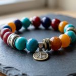 Bracelet tibétain composé de perles rouges, turquoise, safran et indigo, avec des éléments en argent et en laiton vieilli, présenté sur une ardoise sombre.