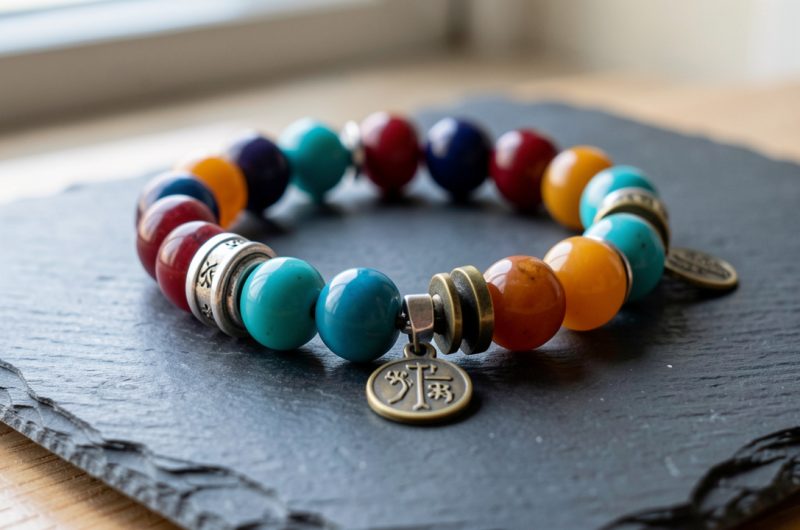 Bracelet tibétain composé de perles rouges, turquoise, safran et indigo, avec des éléments en argent et en laiton vieilli, présenté sur une ardoise sombre.