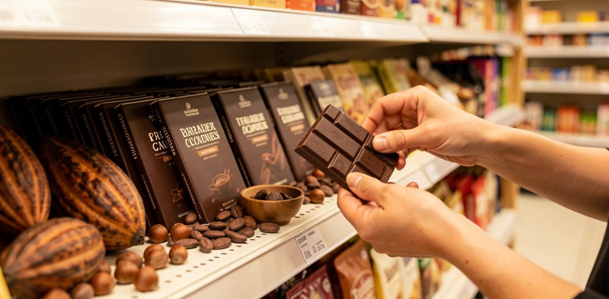 Main d’une femme comparant des tablettes de chocolat sans marque dans un rayon, entourées de cabosses de cacao, de fèves et de noisettes.