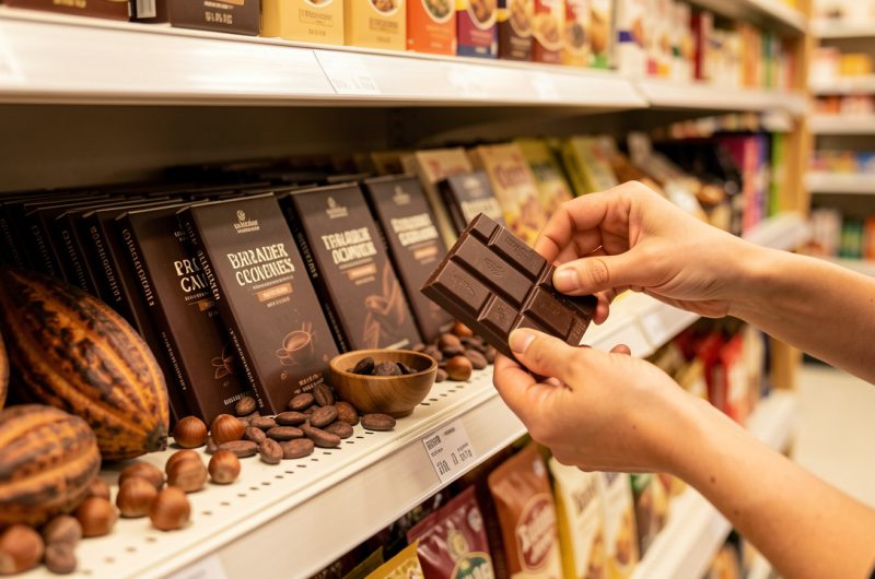 Main d’une femme comparant des tablettes de chocolat sans marque dans un rayon, entourées de cabosses de cacao, de fèves et de noisettes.