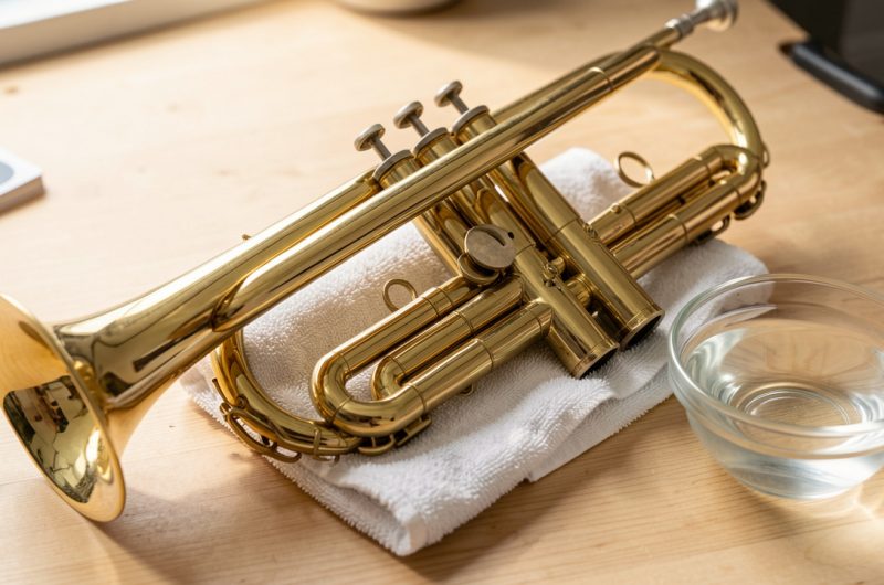 Trompette en laiton nettoyée délicatement avec un chiffon doux, accompagnée d’un petit bol de vinaigre blanc dilué sur un établi en bois.