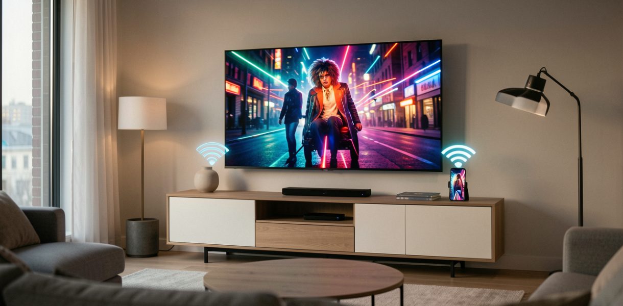 Télévision intelligente affichant une scène colorée, reliée sans fil à un smartphone dans un salon moderne.