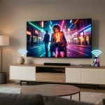 Télévision intelligente affichant une scène colorée, reliée sans fil à un smartphone dans un salon moderne.