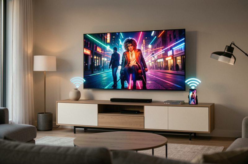Télévision intelligente affichant une scène colorée, reliée sans fil à un smartphone dans un salon moderne.