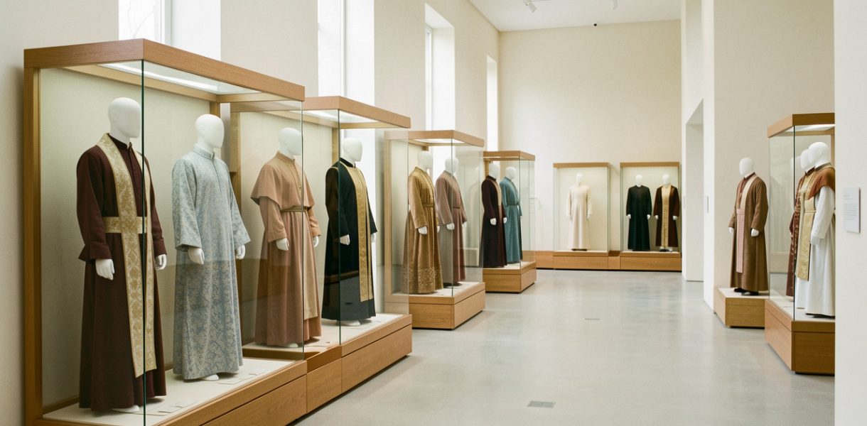Diverses tenues religieuses présentées sobrement sur des mannequins sans visage dans une galerie de musée lumineuse et respectueuse.