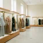 Diverses tenues religieuses présentées sobrement sur des mannequins sans visage dans une galerie de musée lumineuse et respectueuse.