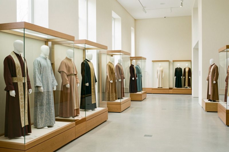 Diverses tenues religieuses présentées sobrement sur des mannequins sans visage dans une galerie de musée lumineuse et respectueuse.