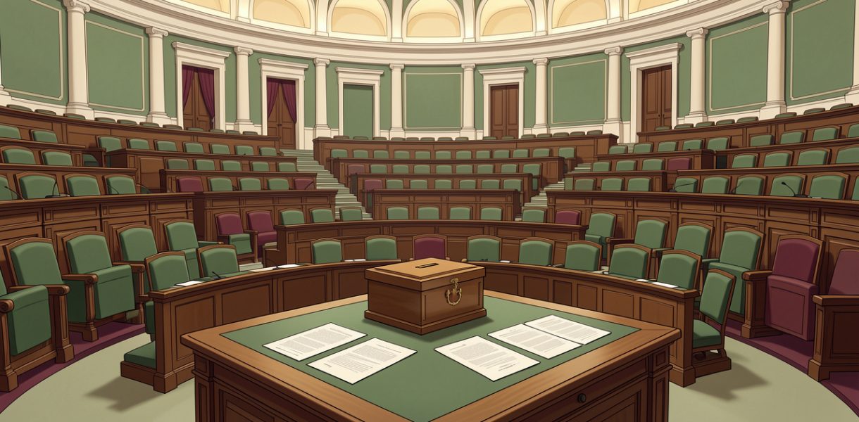 Illustration éditoriale sobre de l’intérieur stylisé d’un Parlement italien, avec un hémicycle, une urne électorale et des documents constitutionnels vierges.