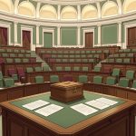 Illustration éditoriale sobre de l’intérieur stylisé d’un Parlement italien, avec un hémicycle, une urne électorale et des documents constitutionnels vierges.