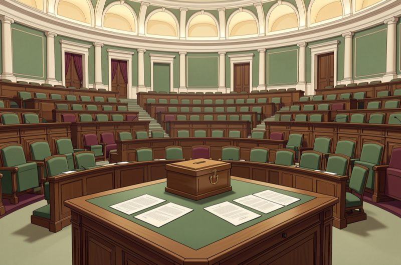 Illustration éditoriale sobre de l’intérieur stylisé d’un Parlement italien, avec un hémicycle, une urne électorale et des documents constitutionnels vierges.