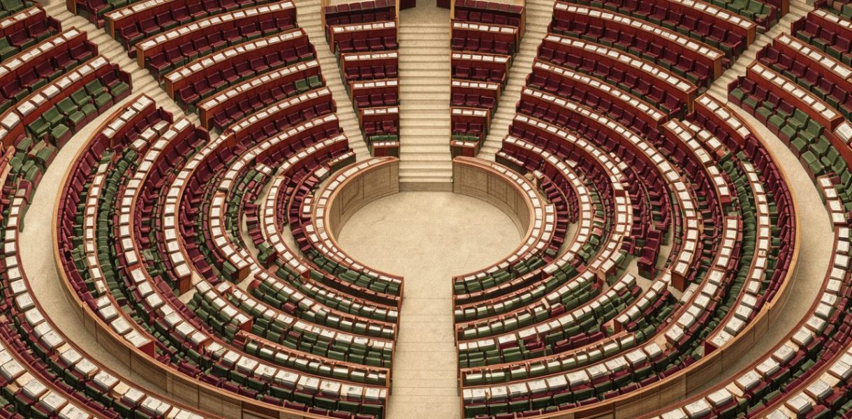 Illustration éditoriale d’un hémicycle parlementaire stylisé, dominé par des teintes rouges, vertes et écologiques dans une ambiance sobre.