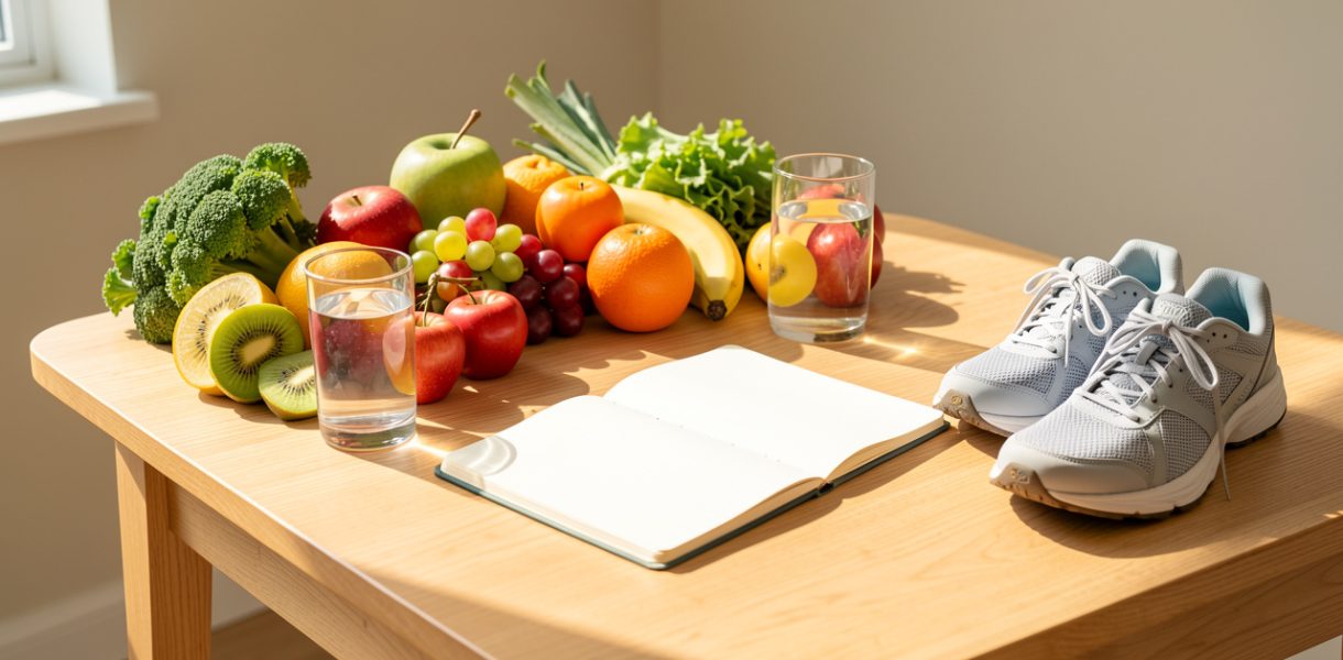 Table lumineuse présentant des fruits et légumes frais, un verre d’eau, un carnet vierge et des chaussures de marche dans une ambiance de bien-être.
