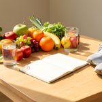 Table lumineuse présentant des fruits et légumes frais, un verre d’eau, un carnet vierge et des chaussures de marche dans une ambiance de bien-être.