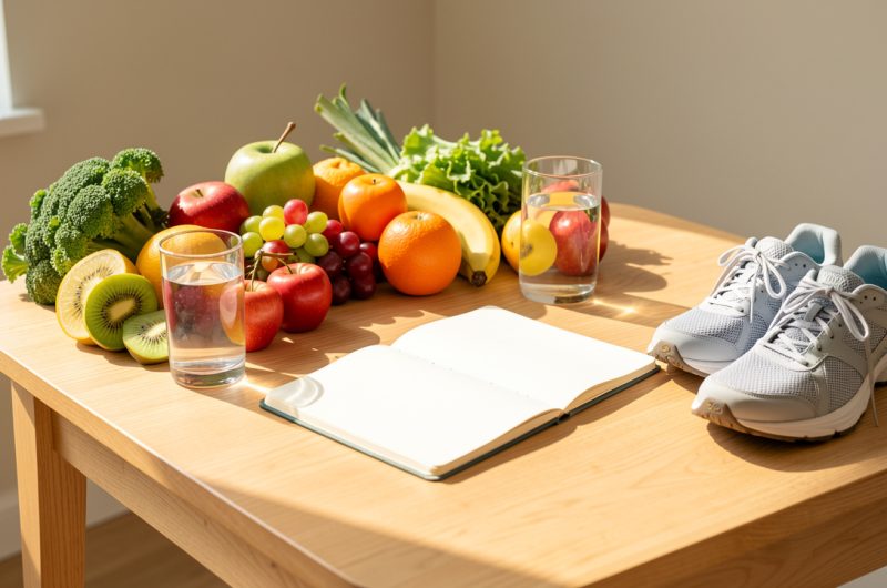 Table lumineuse présentant des fruits et légumes frais, un verre d’eau, un carnet vierge et des chaussures de marche dans une ambiance de bien-être.
